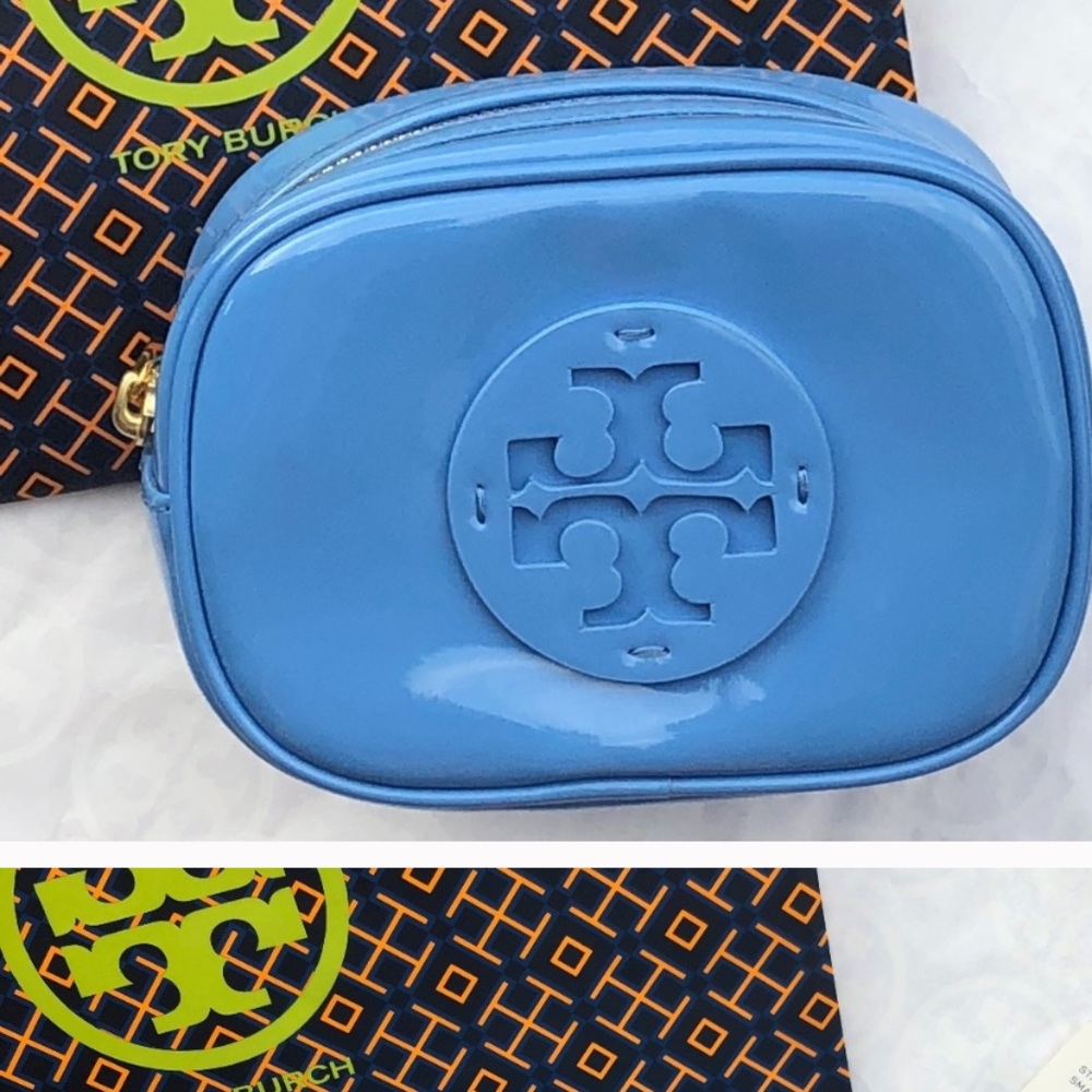 TORY BURCH blue patent small cosmetic case